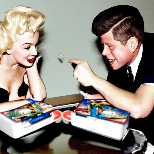 Prompt: marilyn monroe and jfk playing yu - gi - oh with dual disks