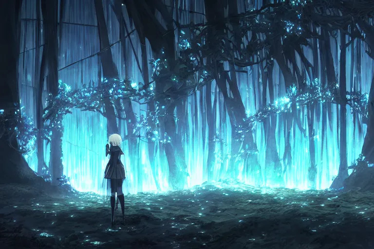 Image similar to scenery artwork, scene beautiful, light essence bioluminescent acrylic and cold nier automata pixiv scenery artwork : nature dream wire vegetation magic density infinite, hypersigil astrology macro seminal dream points of frozen imaginative vaporwave juice fluid dream scenery, high quality astral projection renders, nier automata, concept art