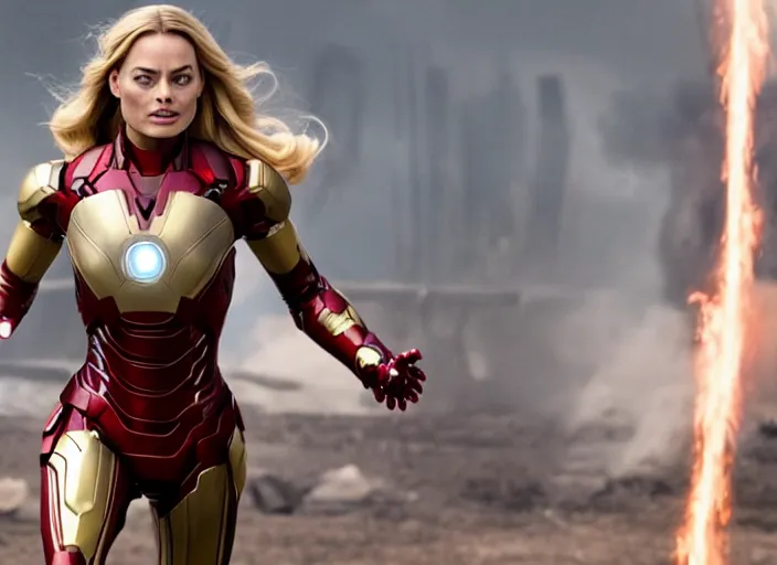 Image similar to movie still of margot robbie playing as iron man in the movie avengers, directed by russo brothers, marvel cinematic universe