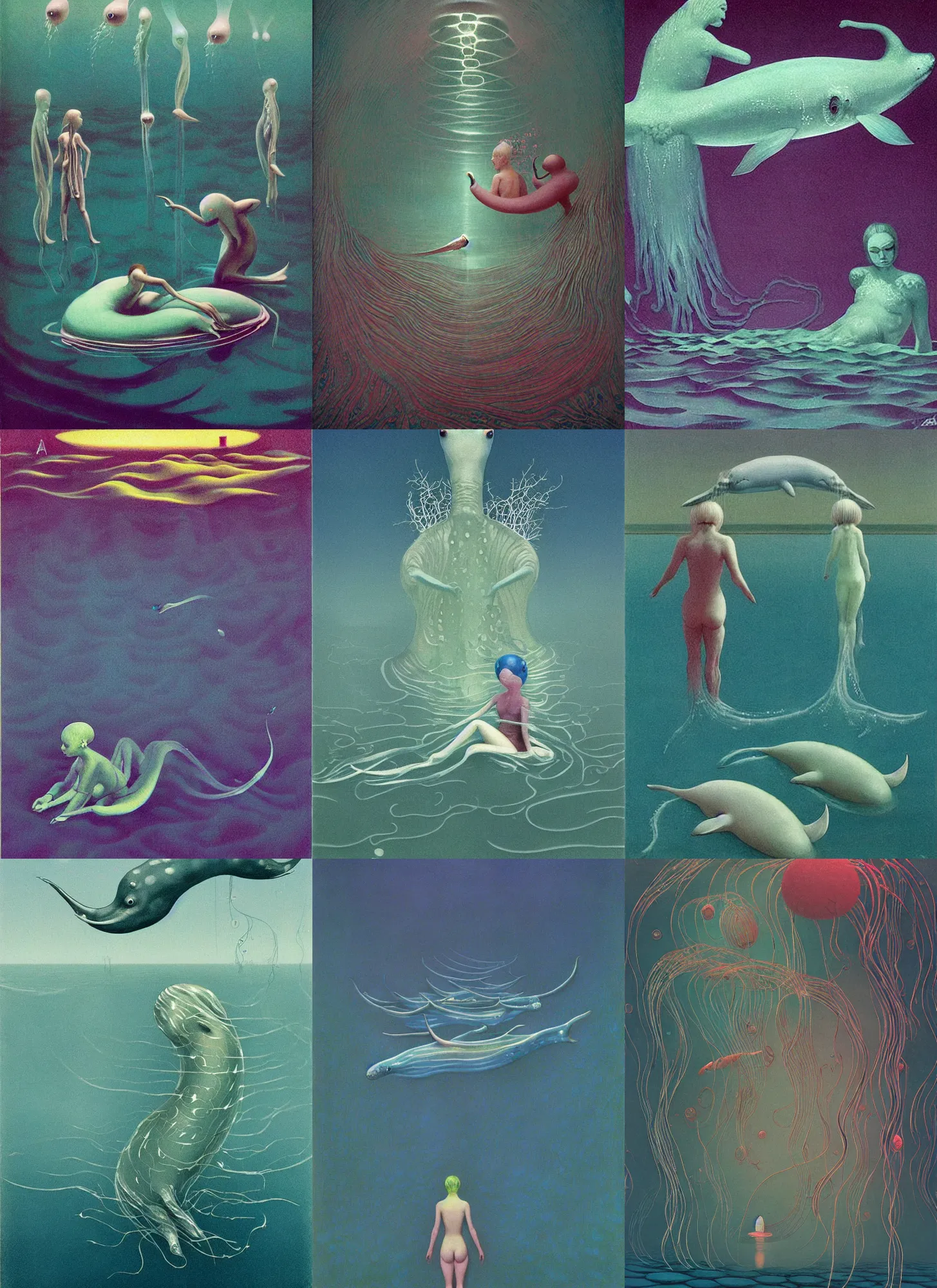 Prompt: microfluidic rivulets charge up and trace colorful Doilies beneath the translucent Narwhals skin its ethereal emanations into the water remind onlooking selkies of their forgotten home in the water Edward Hopper and James Gilleard, Zdzislaw Beksinski, Mark Ryden, Wolfgang Lettl highly detailed