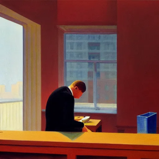 Image similar to painting of a lonely man, sitting at his desk in an empty, huge office, in the style of edward hopper