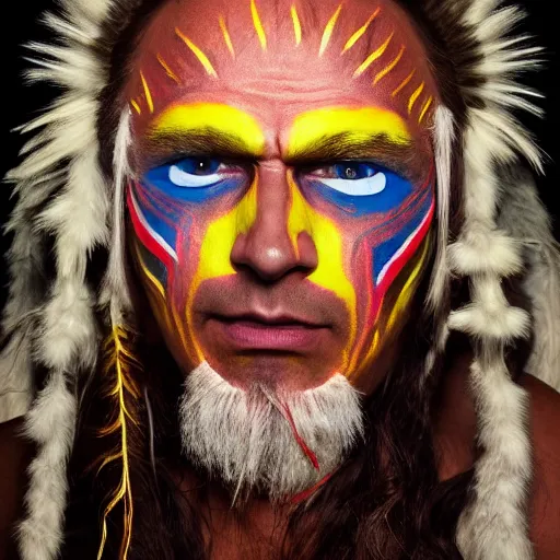 Image similar to portrait of an native chieftain with neon glow - in - the - dark face - paint, the chieftain is staring into the camera ominously, realistic photo, studio lighting, low lighting