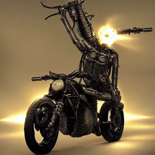 Image similar to a sci - fi biker fused with his bike, art by hr giger, dramatic, volumetric lights, octane rendering, trending on artstation, greeble