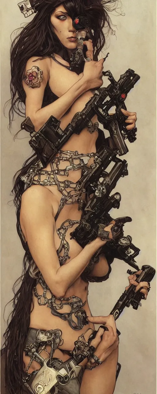 Image similar to striking sensual indudtrial art nouveau style portrait of cristina ricci as an cyberpunk heavy metal rebel soldier by travis charest, simon bisley and alphonse mucha, photorealism, extremely hyperdetailed, perfect symmetrical facial features, perfect anatomy, ornate declotage, weapon, latex, excited expression, wild eyes