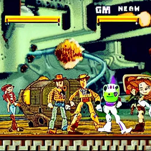 Image similar to gameplay still of metal slug game featuring toy story characters, by SNK for neo Geo arcade