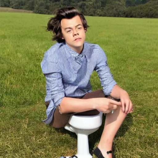 Image similar to harry styles sat on the toilet in the middle of a field