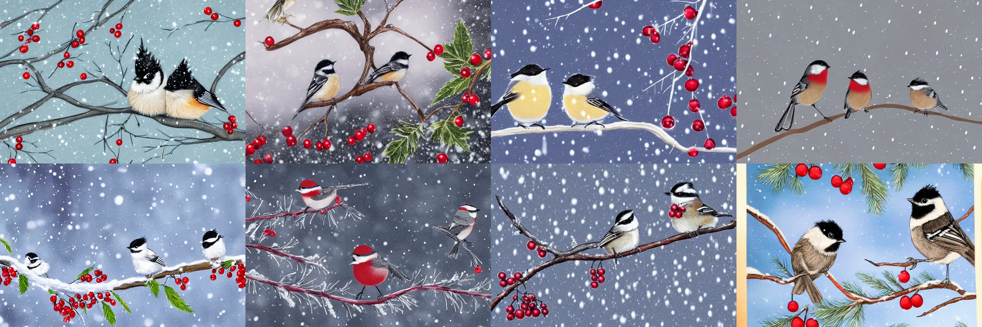 Prompt: a children's storybook illustration of a pair of chickadees, sitting on the branch of a mountain ash tree, with red berries and icicles, in the winter, snowing, gray sky with wispy clouds