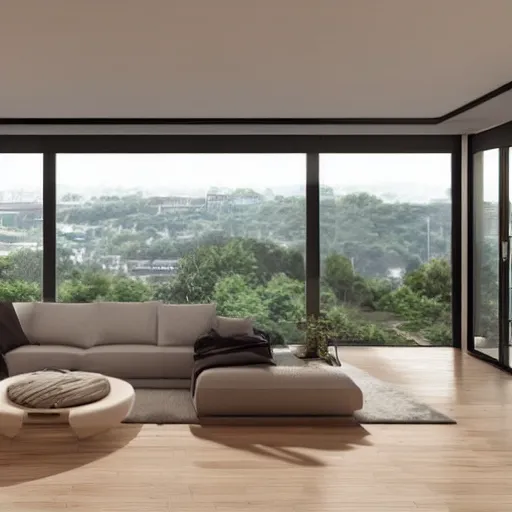 Prompt: an architecture visualisation of a modern living room, wide windows, stunning view