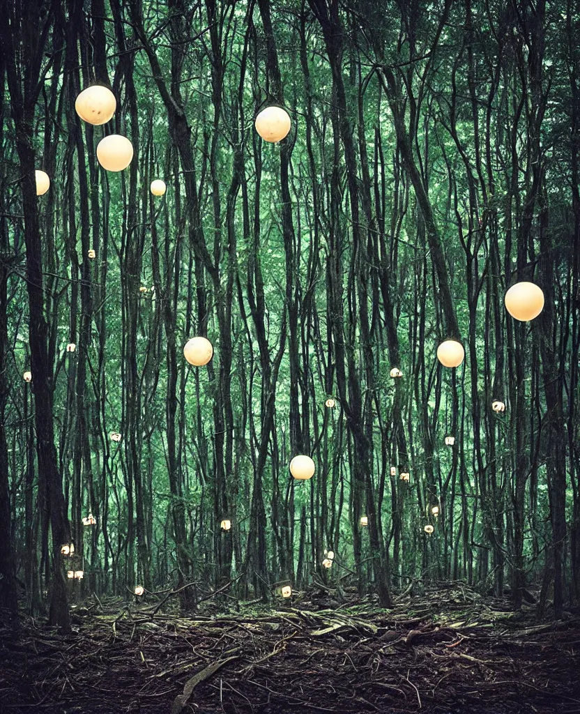 Prompt: “ dense dead forest with glowing orbs, shopping cart ”