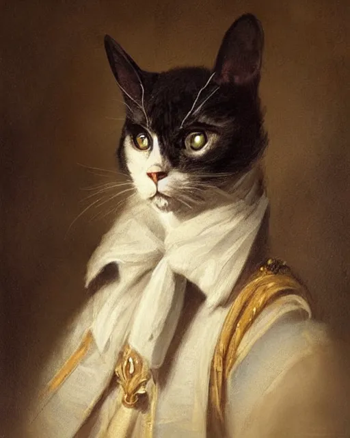 Prompt: dark brown cat with dark eyes and serious expression wearing 1 8 th century royal guard uniform, joseph ducreux, greg rutkowski, regal, stately, royal portrait, painting