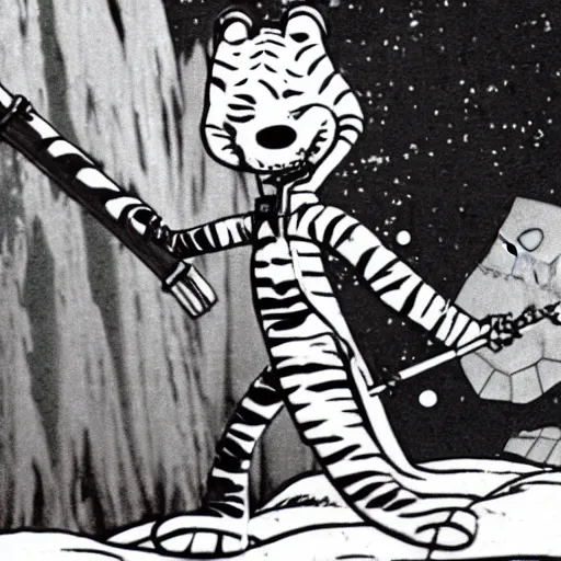 Prompt: a still of calvin an hobbes in star wars a new hope ( 1 9 7 7 )