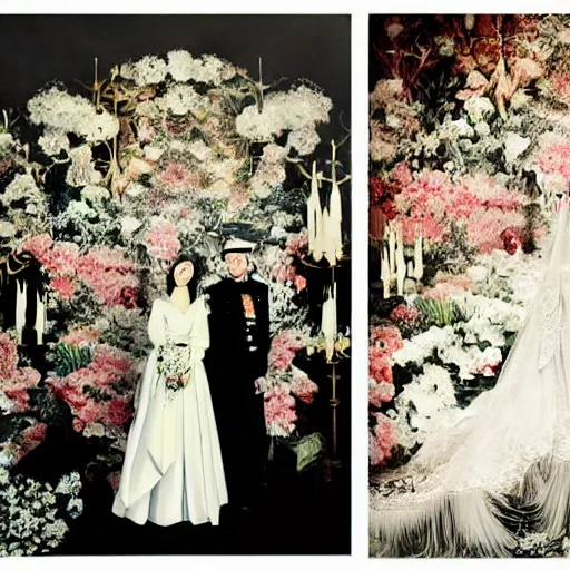 Image similar to A wide full shot, colored black and white Russian and Japanese mix historical fantasy a photograph portrait taken of inside a royal wedding floral covered venue inspired by a enchanted ethereal forest, 1907 photo from the official wedding photographer for the royal wedding.