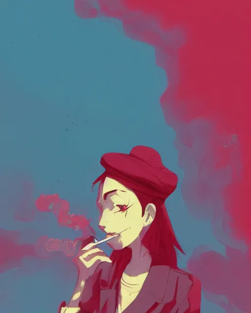 Image similar to girl with beret smoking a cigarette, colored manga panel, drawn by Anton Fadeev