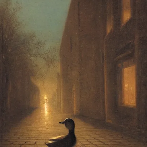 Prompt: lonely duck under a street light by august friedrich schenck, oil painting, close - up