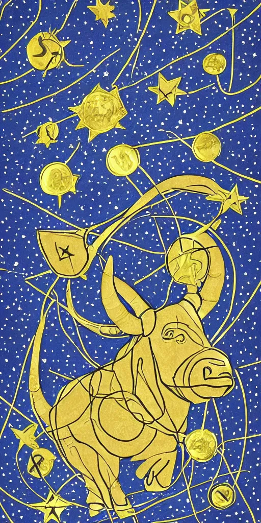 Image similar to an artistic drawing of the zodiac sign of taurus, with stars, futuristic