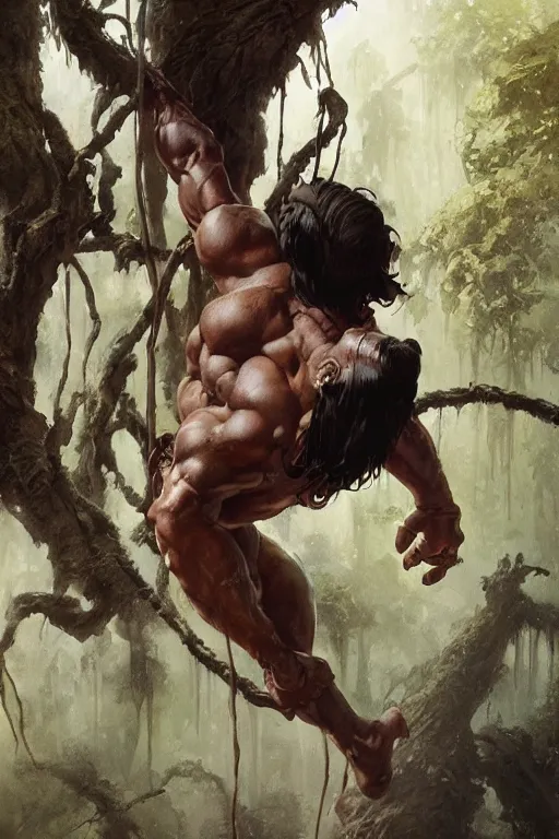 Prompt: tarzan swinging from trees, by Frank Frazetta, Greg Rutkowski, Boris Vallejo, epic fantasy character art, Exquisite detail, post-processing, low angle, masterpiece, cinematic