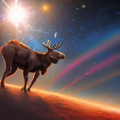 Prompt: a majestic space moose, soaring through space, digital art, trending on artstation