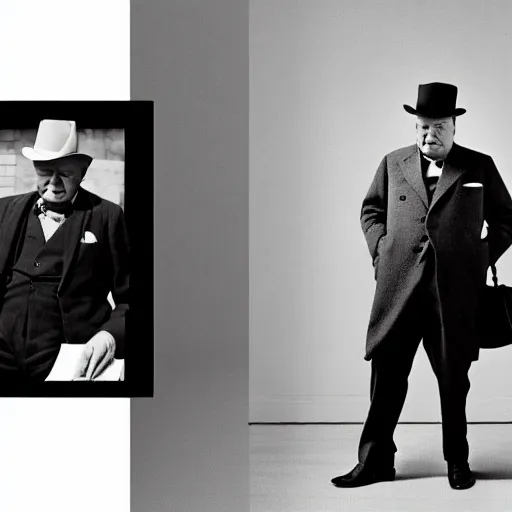 Image similar to Winston Churchill getting sued by Saul Goodman from Better Call Saul, in court, high detail, real lighting, photography from Vogue magazine, in the style of Dorothea Lange, 85mm Sigma Art Lens