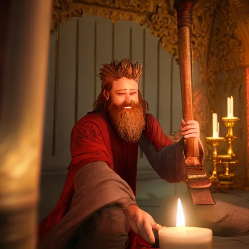 Image similar to fit, red - haired, bearded male in a grey tunic playing a lyre, inside of a candle lit temple, norse god odin, smiling, beside him, bright atmosphere, hyper realistic, photo realistic, movie still, unreal engine, high octane render, 8 k