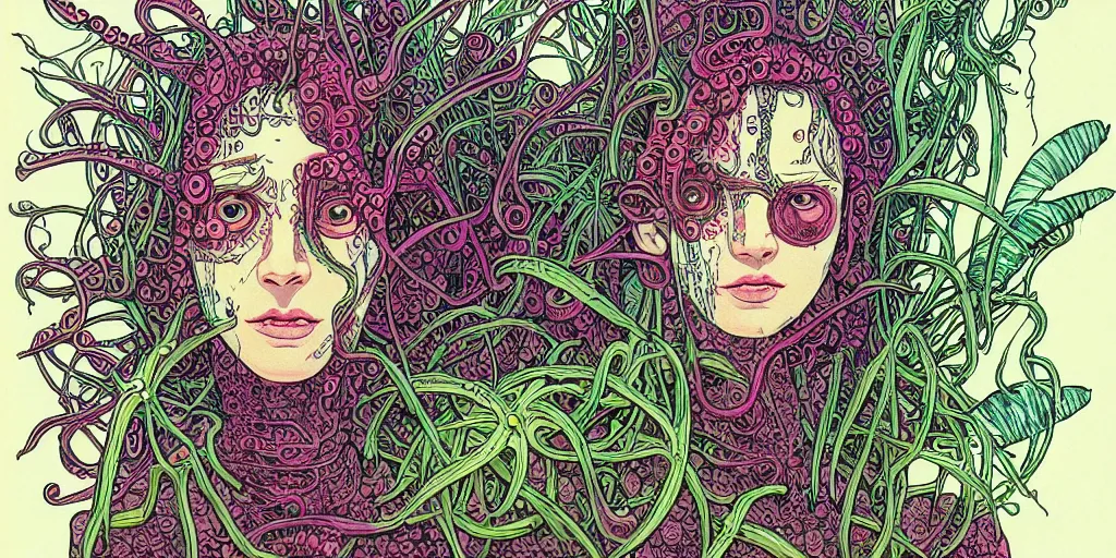 Image similar to risograph grainy drawing vintage sci - fi, antagonist girl, moebius color palette, face covered with plants and flowers, wearing futuristic scaphander with lot of vires and tentacles, exotic plants around and on the background, parking lot, painting by moebius and satoshi kon and dirk dzimirsky close - up portrait