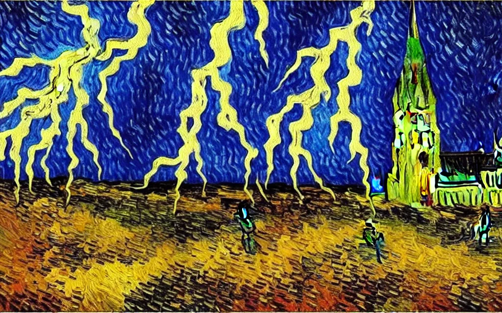 Image similar to expressionist oil painting by van gogh of lightning storm over a tall gothic church, landscape painting, expressionism, 8 k resolution detailed art, small brushstrokes, watercolor palette