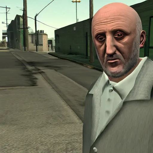 Image similar to Mike Ehrmantraut in Grove Street, screenshot from the PS2 version of GTA San Andreas