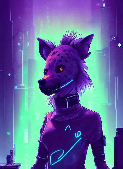 Prompt: beautiful portrait commission of a female furry anthro hyena fursona wearing skater clothes. Cyberpunk city at night in the rain. Neon light. Atmospheric. Character design by charlie bowater, ross tran, artgerm, and makoto shinkai, detailed, inked, western comic book art