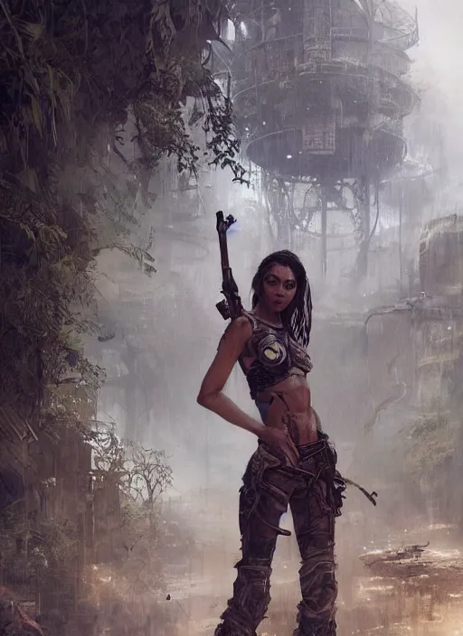 Prompt: young beautiful cute tribal woman with a futuristic gun, in a post apocalyptic city overgrown with lush vegetation, by Luis Royo, by Greg Rutkowski, dark, gritty, intricate, volumetric lighting, volumetric atmosphere, concept art, cover illustration, octane render, trending on artstation, 8k