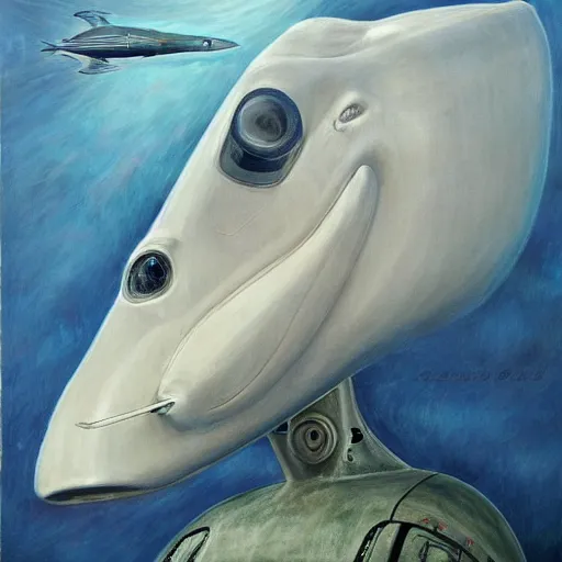 Image similar to a cachalot with a race car motor engine instead of its head. a highly detailed, photorealistic painting, an unreal creature, a cachalot, a marine creature, 8 k, cyber - punk