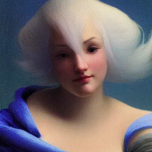 Image similar to a young woman's face, her hair is silver grey and she wears an indigo blue satin cloak, by ivan aivazovsky and syd mead and moebius and gaston bussiere and roger dean and pieter claesz and paul delaroche and alma tadema and aelbert cuyp and glenn fabry, hyperrealistic, volumetric light, octane render