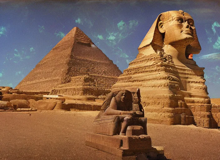 Image similar to gustave moreau painting of kelsey grammer's face and big forehead head on a sphinx body, egyptology, ancient aliens, grainy cinestill film landscape photo, blender, monument, 8 k