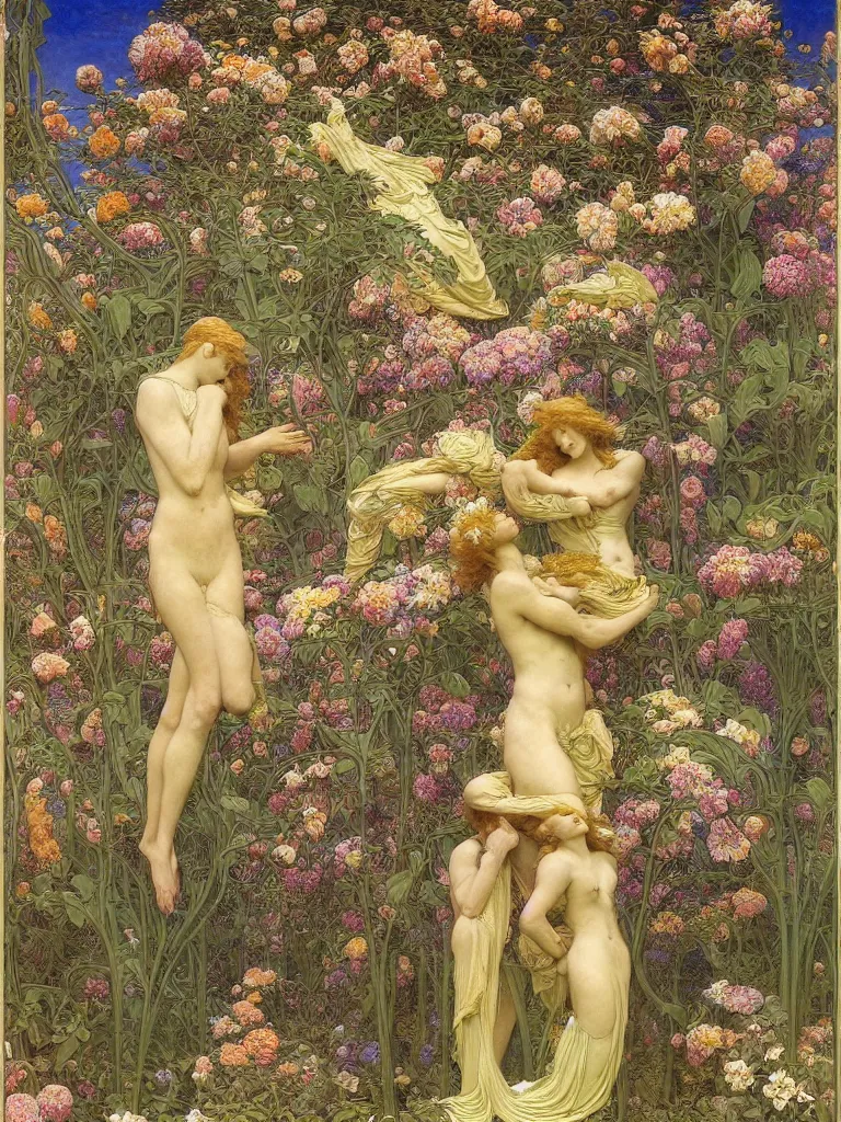 Image similar to the grand temple of flowers, by elihu vedder and thomas seddon, pre raphaelite, art nouveau, fantasy architecture, flowers