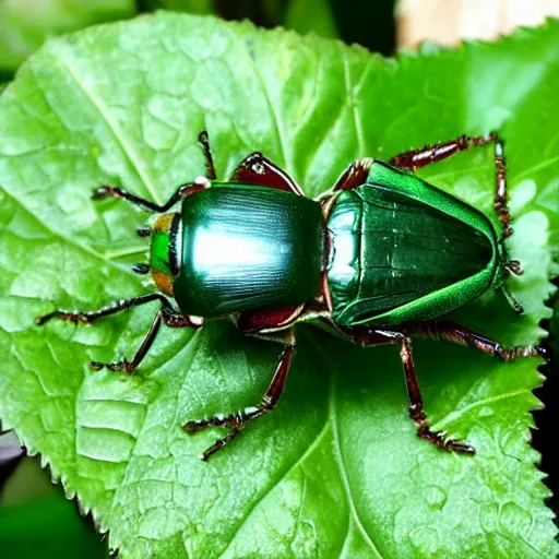 Prompt: shiny green rose chafer in gogos, basil style