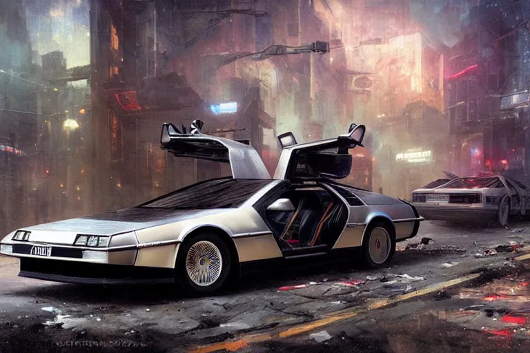 Image similar to photograph of the delorean, with a sleek spoiler, driving down the streets of a cyberpunk abandoned city, by greg rutkowski, by stanley artgerm, by alphonse mucha