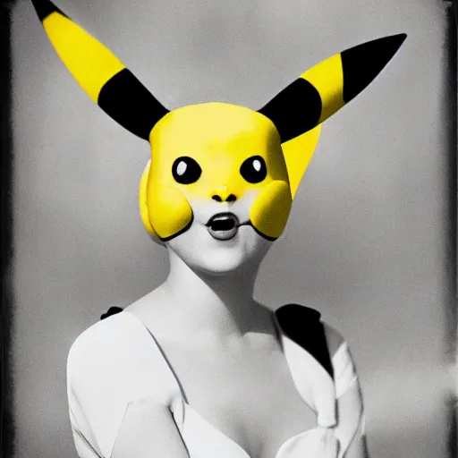 Image similar to elegant woman dressed up as pikachu, art photo in color Frantisek Drtikol, digital photo, clean, sharp, smooth, glossy color photo, Nikon Sigma art, photoshop, ai processed