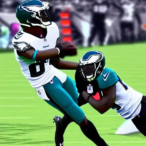 Image similar to nfl eagles wide receiver aj brown catching a football from, 8 k, 4 k uhd, realistic, hyper realistic, super detailed, very detailed, detailed