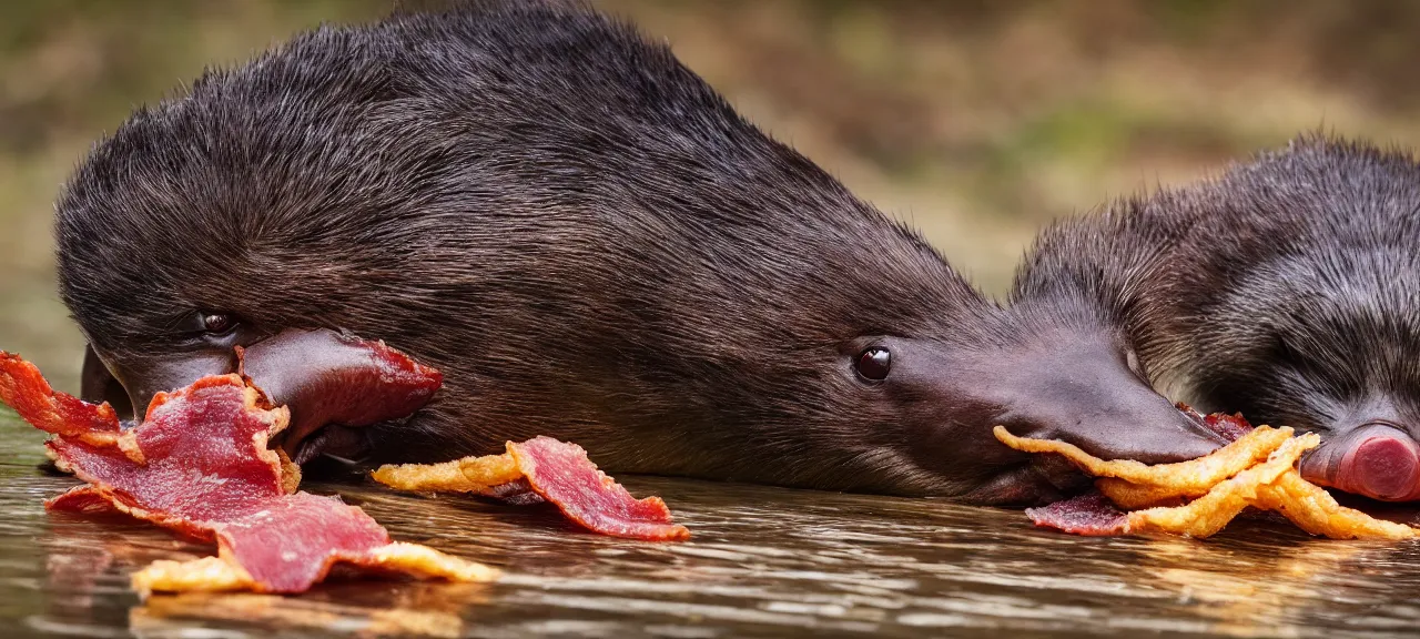 Prompt: Platypus eating a bunch of crispy bacon. Nature photography. Photorealistic