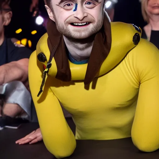 Image similar to daniel radcliffe in a banana costume, posing on a stage, ultra details, photo, 8 k