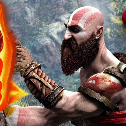 Image similar to kratos from god of war eating a cheeseburger