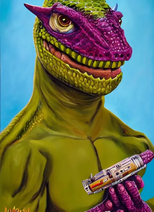 Image similar to oil painting portrait of a cowboy lizard person, a gorn from star trek, a snake oil salesman wearing a blonde wig in a movie poster for a movie called gorn on the bull horn girl, purple green color scheme