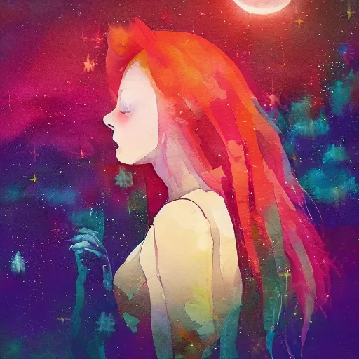 Image similar to “album cover very beautiful watercolor painting of redhead girl singing in a magic forest in a cyberpunk pixelsorting style”