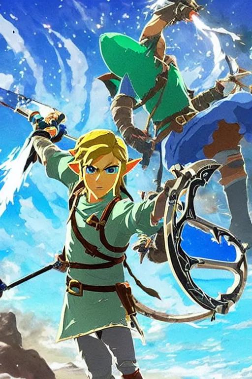 Image similar to in game footage of link from the legend of zelda breath of the wild firing an exploding arrow, breath of the wild art style.