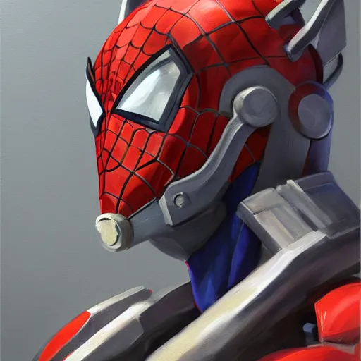 Image similar to greg manchess portrait painting of armored spiderman ultraman grey fox from metal gear cyborg gay japanese - american hybrid as overwatch character, medium shot, asymmetrical, profile picture, organic painting, sunny day, matte painting, bold shapes, hard edges, street art, trending on artstation, by huang guangjian and ail elvgren and sachin teng