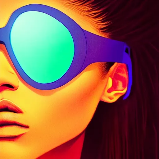 Image similar to zendaya wearing opaque reflective goggles profile picture by Greg Rutkowski, brown skin, very long hair, dune, asymmetrical, futuristic, neon volumetric lights, cool colors, streetwear, studio ghibli, Organic Painting , Matte Painting, geometric shapes, hard edges, street art, trending on the artstation, fantasy LUT, realistic by Sachin Teng + Martin Grip + Moebius, techwear, Industrial Scifi, detailed illustration, character portrait,