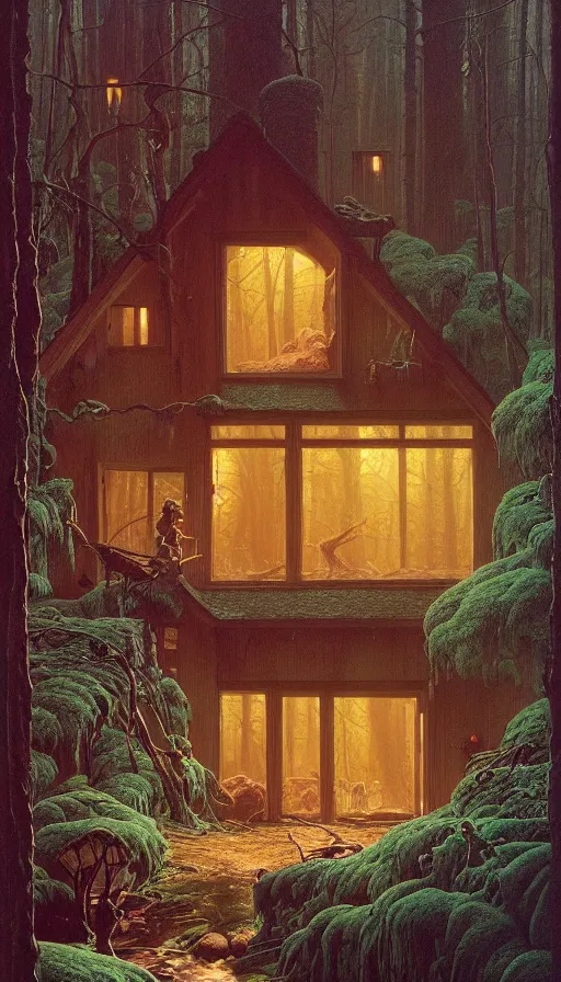 Prompt: cozy home in the woods moody lighting, highly detailed, painting by zdzisław beksinski and norman rockwell and greg rutkowskiweta studio, and lucasfilm