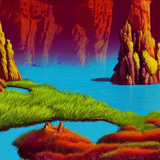 Image similar to digital painting of a lush natural scene on an alien planet by moebius. ultra sharp high quality digital render. detailed. beautiful landscape. colourful weird vegetation. cliffs and water.