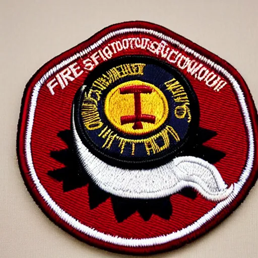 Prompt: fire station embroidered patch retro design