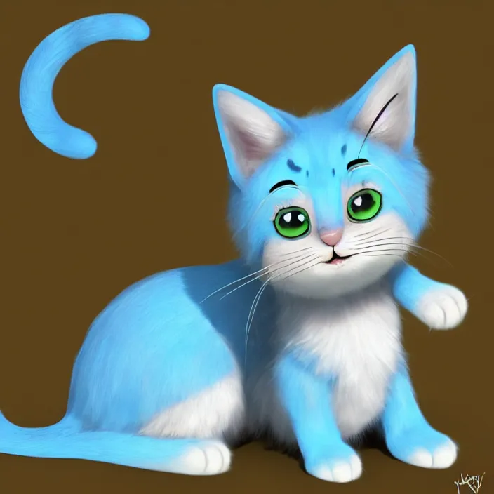 Image similar to cute cat of cheshire from alice in wonderland. an adorable cat with light blue stripes and a big human like playful smile. award - winning digital art, trending on artstation