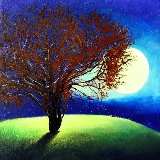 Image similar to This painting has such a feeling of peace and serenity. The tree is so still and calm, despite the wind blowing around it. The moonlight casts a soft glow over everything and the starts seem to be winking at you... in the style of the Little Prince