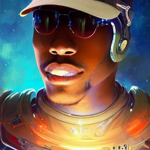 Image similar to scifi character portrait of Kid Cudi wearing a jordy leforge visor, intricate, wild, highly detailed, digital painting, artstation, concept art, smooth, sharp focus, illustration, art by artgerm and greg rutkowski and alphonse mucha